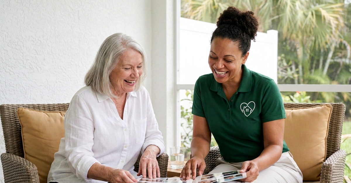 Smiling caregiver in a Care Connect polo looking through a photo album with a senior client on a covered patio