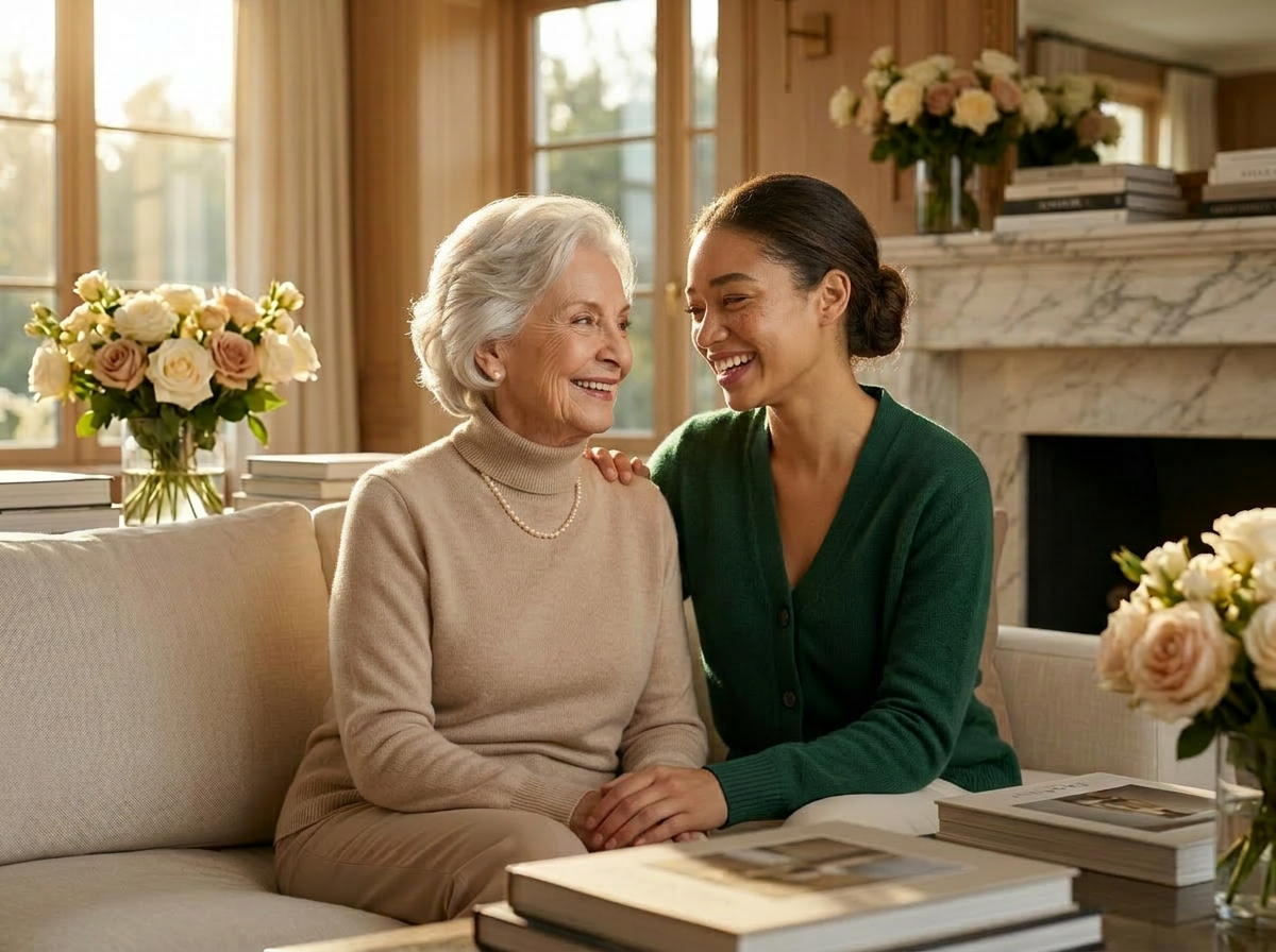 Caregiver smiling with a senior client at home